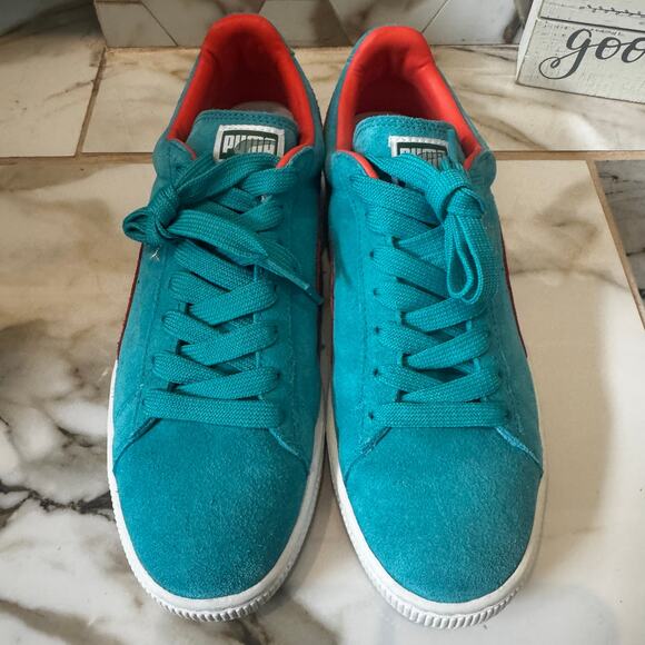 Puma Men’s Suede Bluebird Tigerlilly Sneakers Size 7.5 US, 40EU Turquoise Orange - Picture 2 of 11